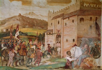 Réception du roi Christian Ier de Danemark par le condottiere Bartolomeo Colleoni au château de Malpaga en 1474, 1520-30 - Girolamo Romanino